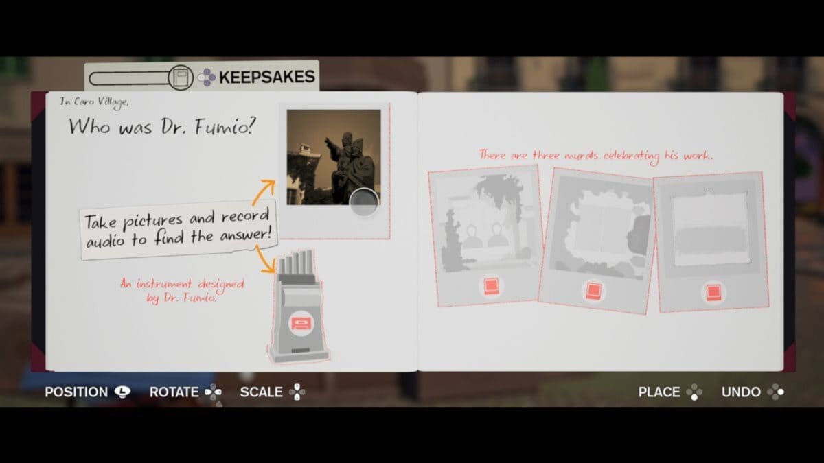 Open book with a polaroid photo and doodles. Text reads: "Who was Dr. Fumio?" and "Take pictures and record audio to find the answer!" Three blank frames labeled as murals are shown.
