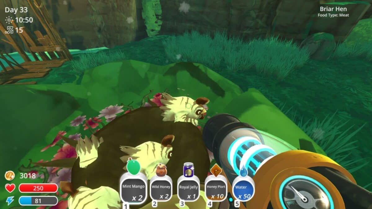 A first-person view of a garden scene in a game with three yellow chickens partially buried and surrounded by pink flowers. The interface shows various items collected.