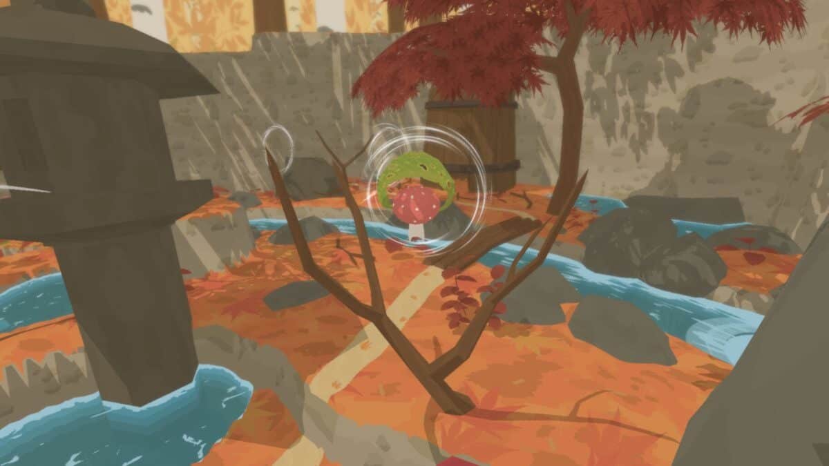 A stylized scene of a serene garden with a floating fruit. There are stone structures, a small stream, and autumn-colored foliage.