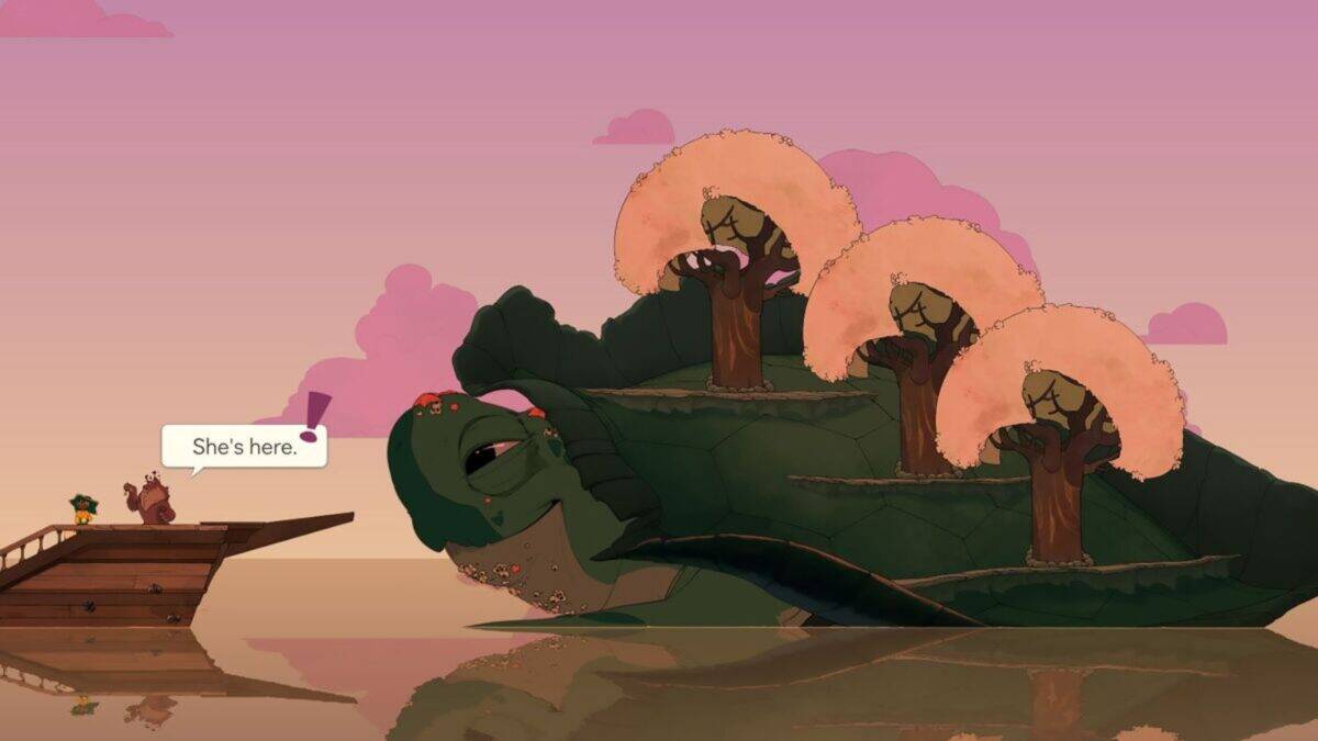 A large turtle with trees on its back emerges from the water near a wooden pier at sunset; two characters stand on the pier with a speech bubble that says, "She's here.