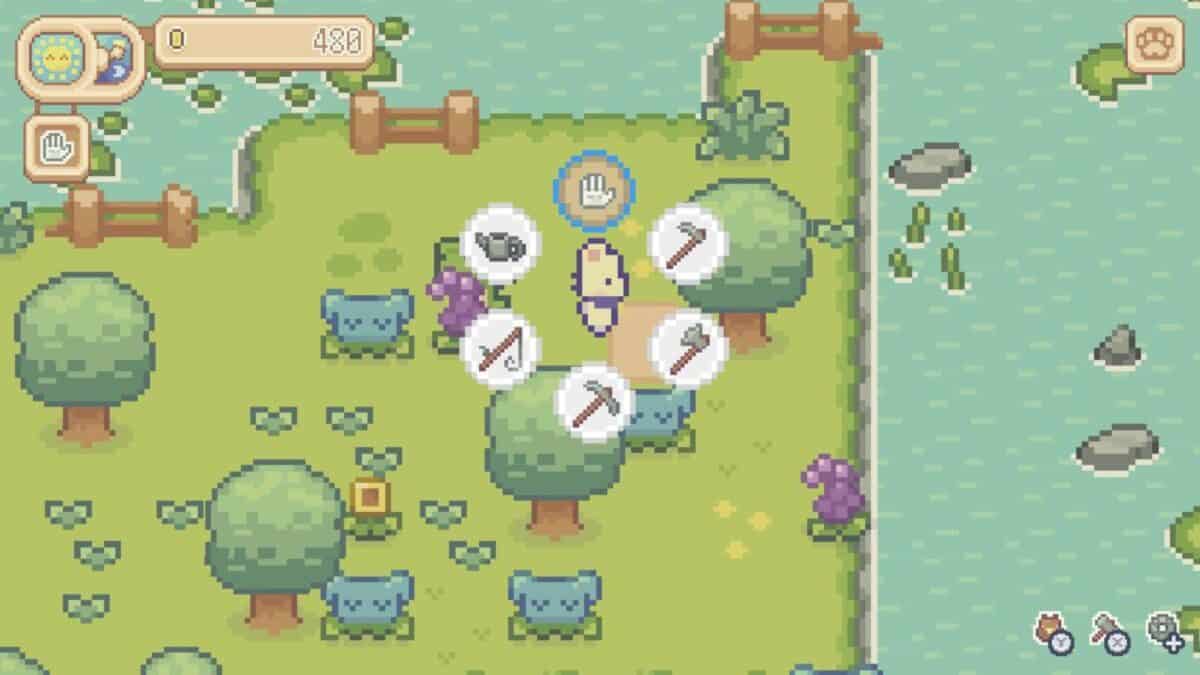 A pixel art game scene shows a character standing on grass near trees, bushes, and water, with an in-game menu displaying different tool icons in a circular layout.