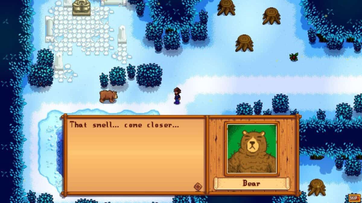 A character approaches a bear in a snowy landscape in Stardew Valley. Dialogue box reads: "That smell... come closer..." with an illustrated portrait of the bear.