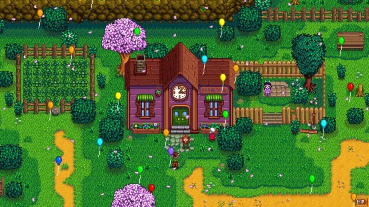 A purple building with a clock is surrounded by trees, fences, flower petals, and colorful balloons. Several characters stand outside on green grass.