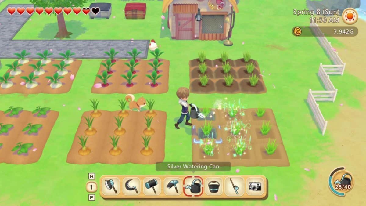A character waters crops with a silver watering can in a farm simulation game, with vegetable plots, a chicken, and a coop visible. Game stats and tools are displayed on the screen.