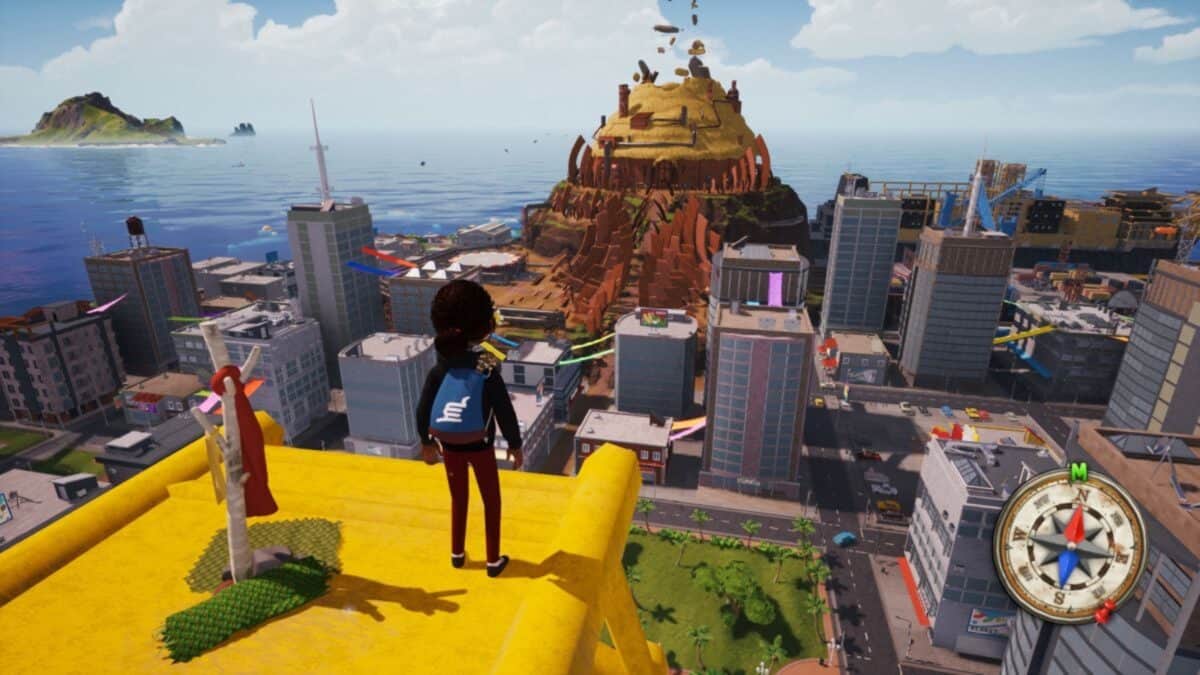 A character stands on a yellow structure overlooking a city with various buildings and a large volcano in the background. A compass is visible in the bottom right corner.