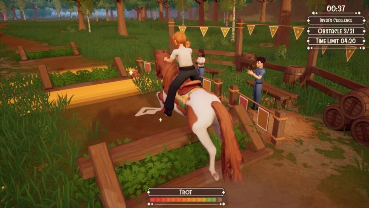 A rider on a horse jumps over an obstacle in an outdoor arena while two people watch; on-screen stats display challenge details and a timer.