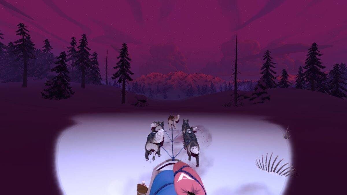 A person rides a dogsled pulled by two dogs through a snowy forest at dusk, with mountains visible in the distance under a purple sky.