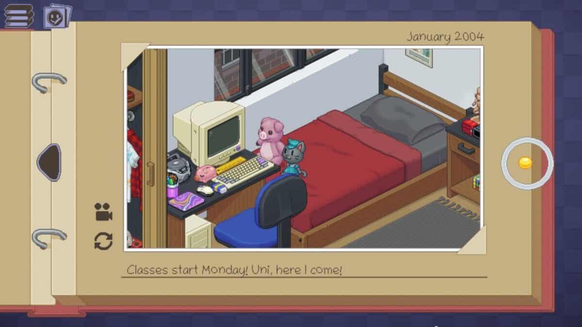 A neatly arranged bedroom with a computer desk, stuffed animals on the bed, and a note reading, "Classes start Monday! Uni, here I come!" dated January 2004.