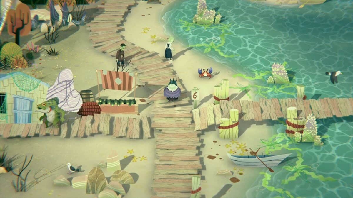 A whimsical beach scene with cartoonish characters, wooden walkways, a small boat, sea creatures, and various coastal plants along the shore.