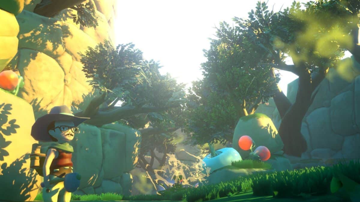 Animated scene of a character in a hat and glasses standing in a sunlit, rocky valley with lush trees and colorful orbs floating nearby.