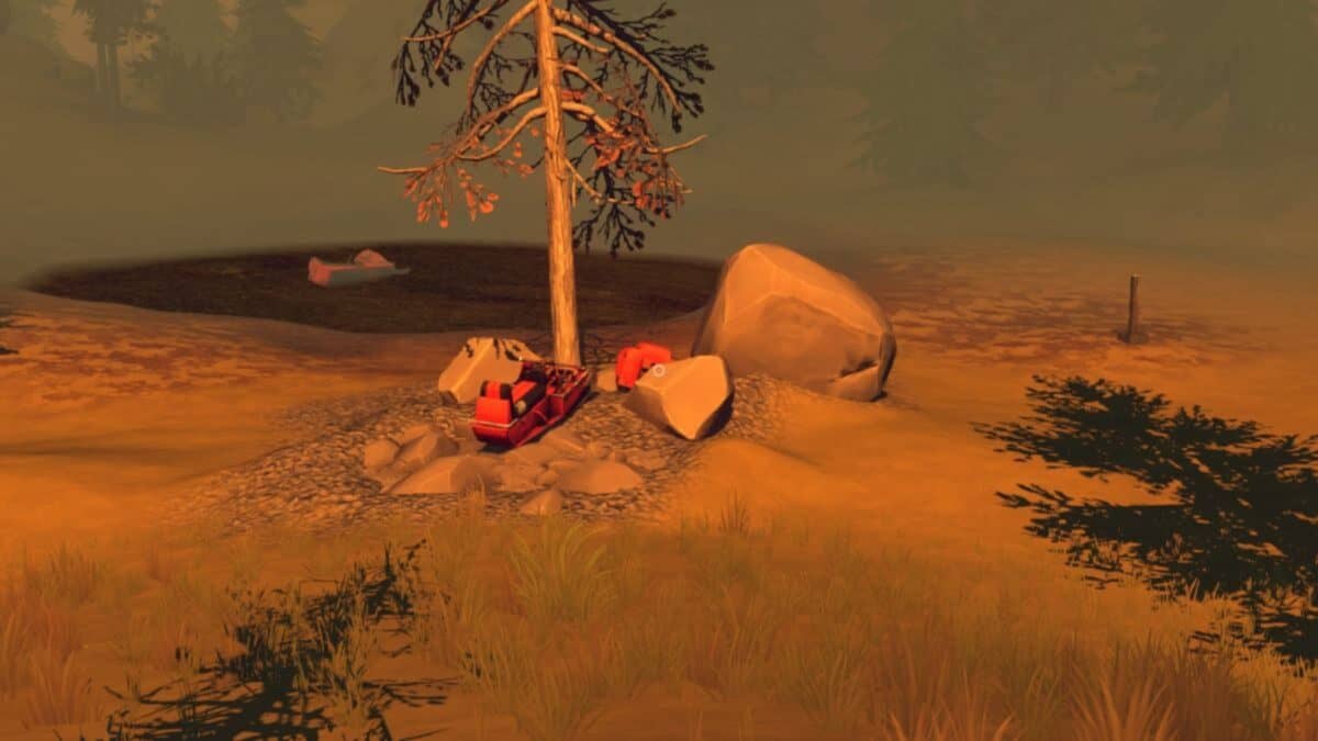 A dry, orange-tinted landscape features a tree, rocks, and red objects near a small body of water. Sparse grass grows around the area, and a misty sky is visible in the background.