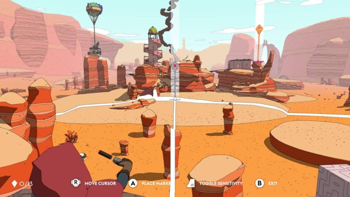 Video game screenshot showing a colorful desert landscape with sandstone formations and a whimsical tower. HUD displays controls for cursor movement, placing markers, and sensitivity adjustment.