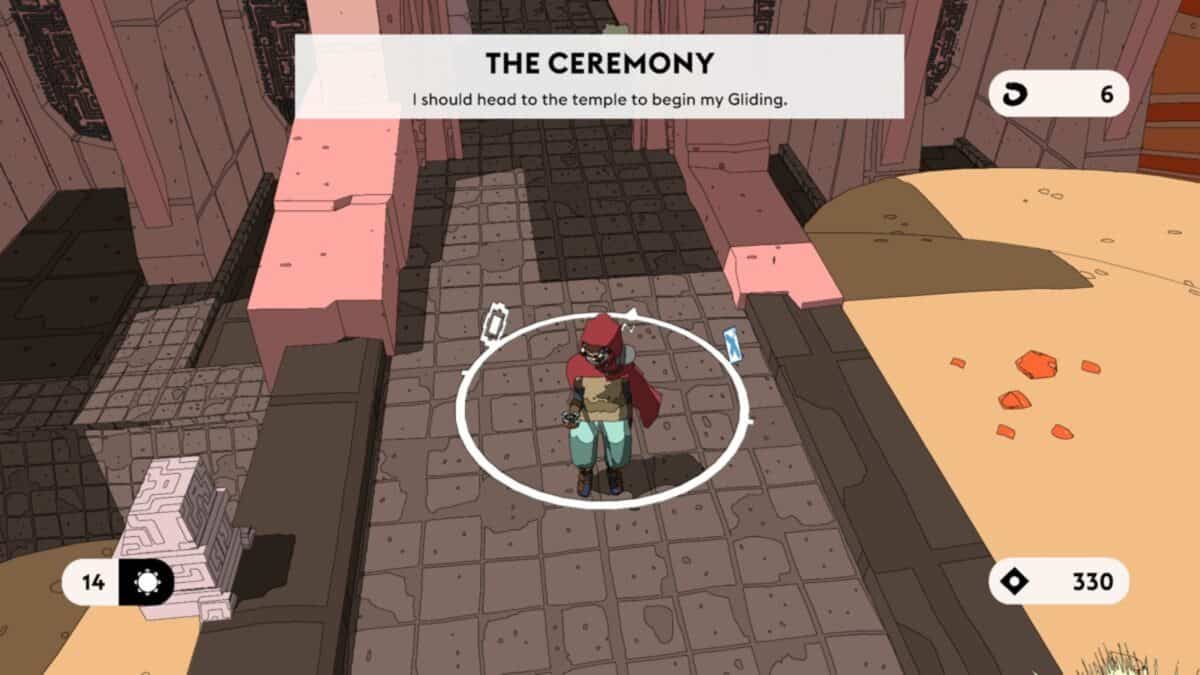 A character in a red outfit stands in a plaza with a tablet. A message reads: "THE CEREMONY. I should head to the temple to begin my Gliding." UI displays 14 currency and 330 points.