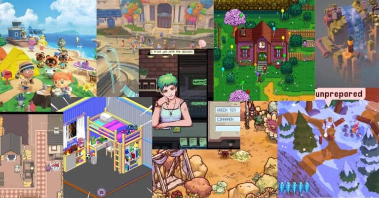 A collage of various cozy video game scenes, featuring colorful environments, characters, homes, cafes, markets, and outdoor landscapes in pixel art and cartoon styles.