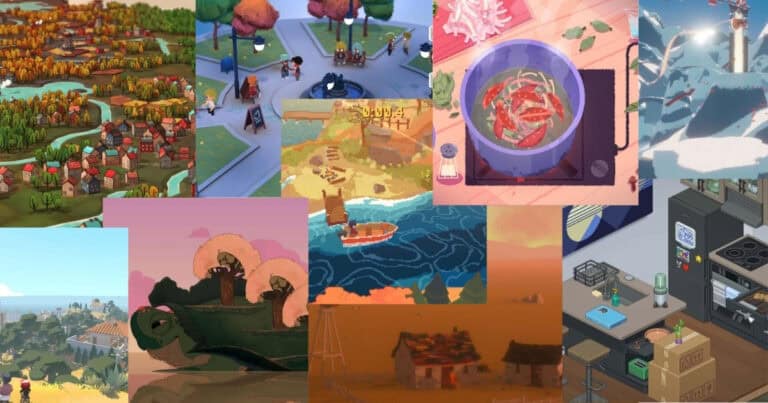 A collage of colorful, stylized game scenes featuring landscapes, kitchens, boats, towns, and various characters in animated, isometric, and top-down views.