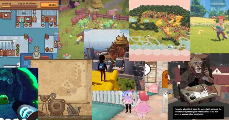 A collage of various video game screenshots, featuring colorful characters, farm scenes, inventories, landscapes, and a character with spectacles at a desk.