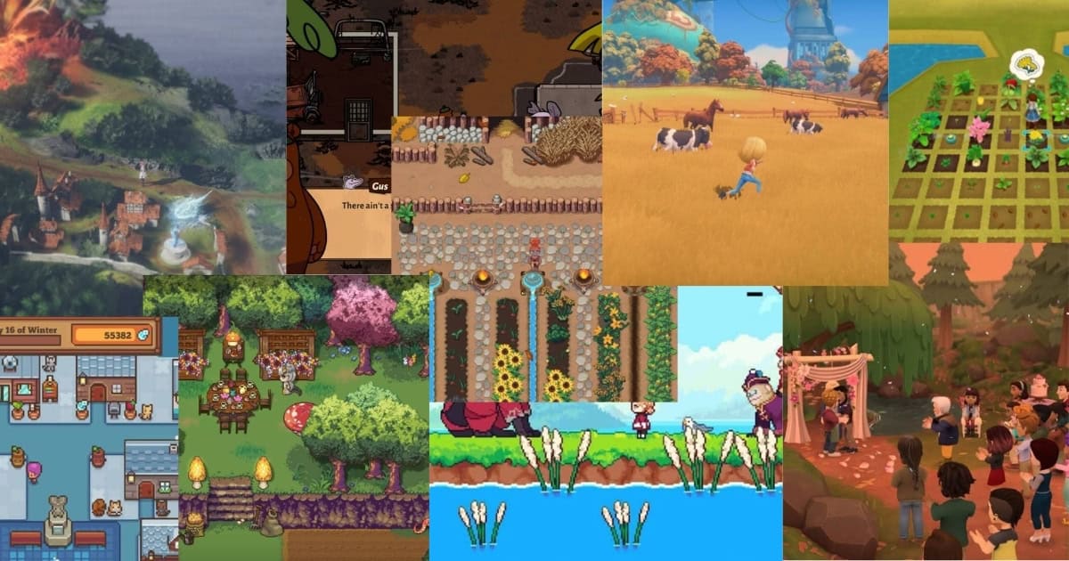 A collage of various farming and life simulation video game scenes, including farming, animal care, gardening, fishing, and community gatherings in different art styles.