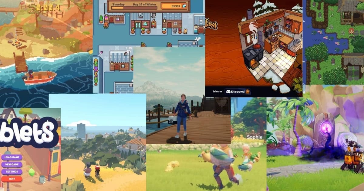 A collage of various video game scenes, featuring characters, landscapes, and interface elements from different games in colorful, diverse art styles.