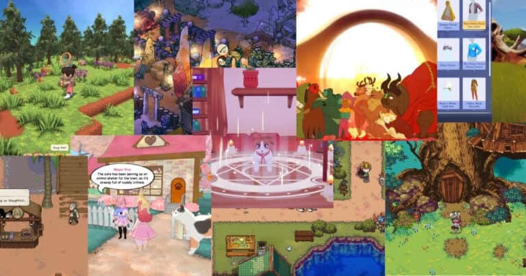 A collage of colorful, animated scenes from various video games and cartoons, featuring animals, fantasy landscapes, and user interface elements.