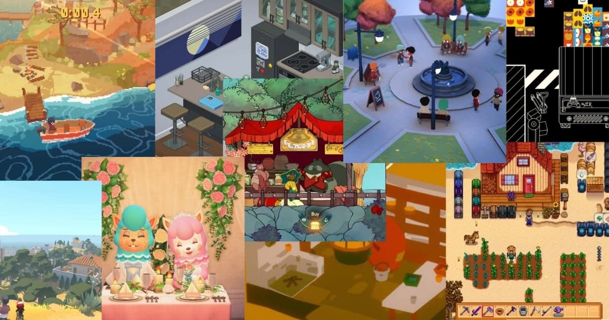 A collage of colorful, cartoon-style video game scenes featuring outdoor landscapes, buildings, characters, and various in-game activities.