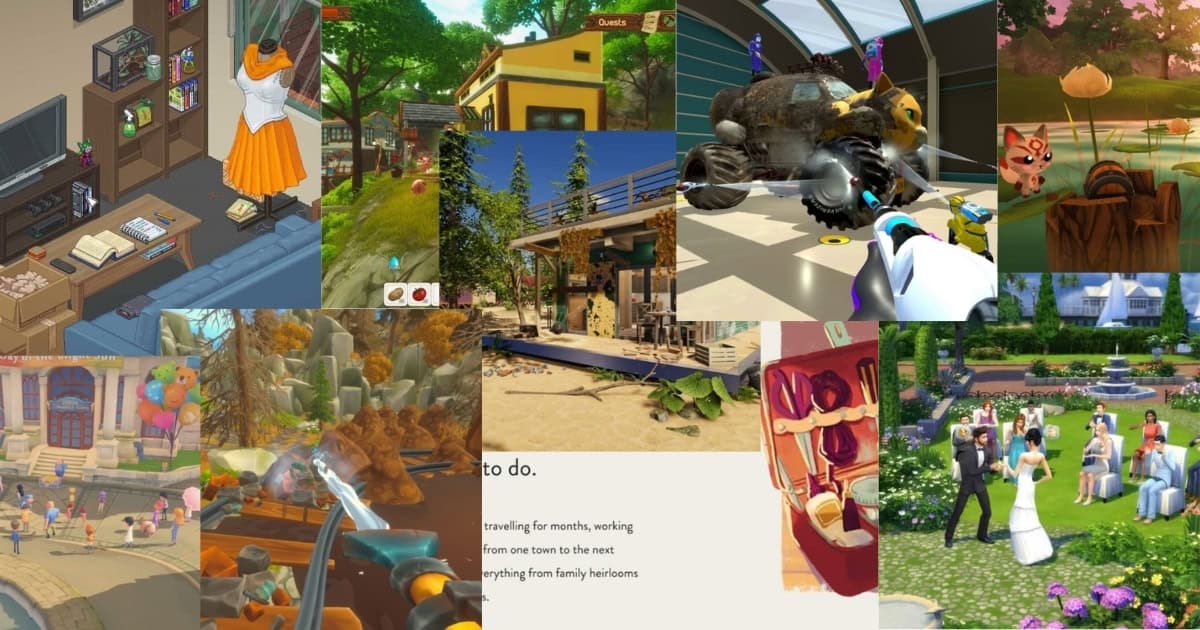 Collage of various video game scenes featuring indoor and outdoor environments, characters, robots, animals, and a wedding ceremony in a garden setting.