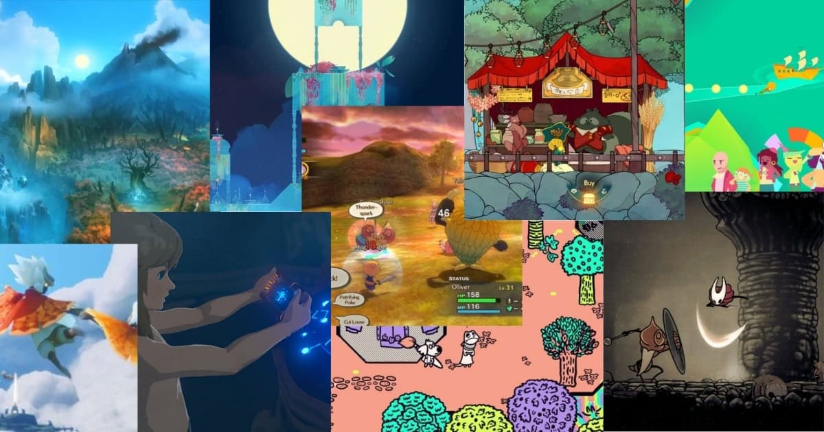 A collage of various colorful indie video game scenes, featuring different characters, environments, and art styles from fantasy landscapes to whimsical and pixelated illustrations.