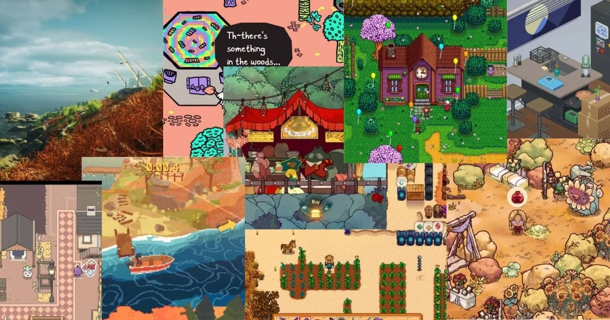 A collage of various indie game scenes featuring pixel art farms, forests, interiors, and outdoor settings, including colorful characters and detailed environments.