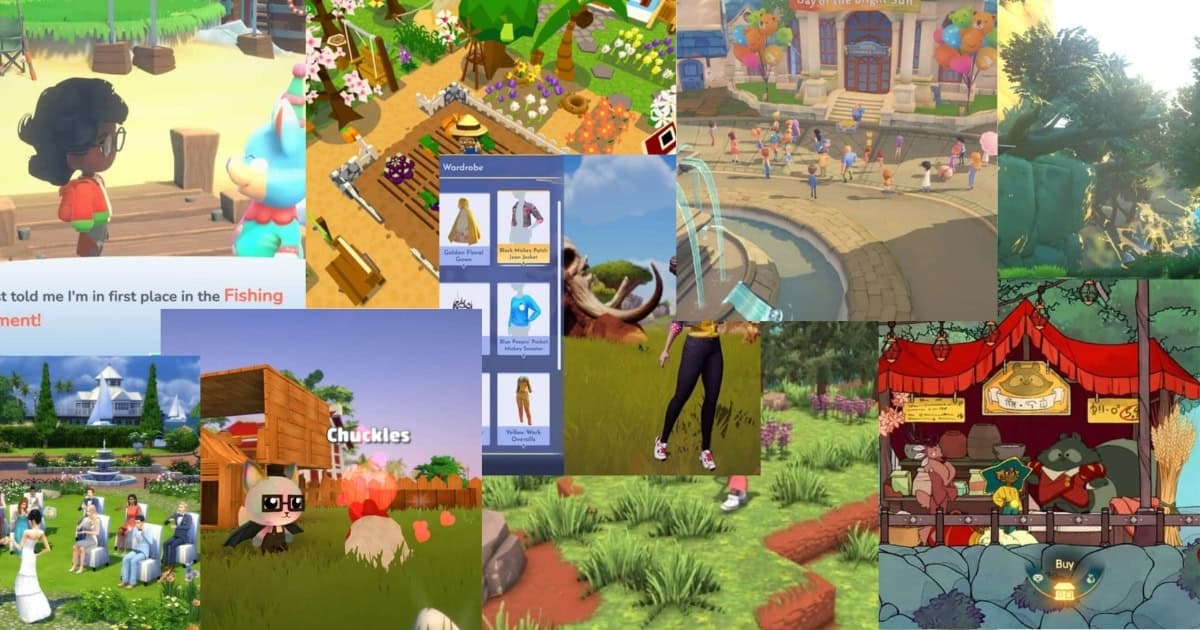 Collage of various video game scenes featuring characters, menus, outdoor and indoor environments, and different activities like fishing and shopping.
