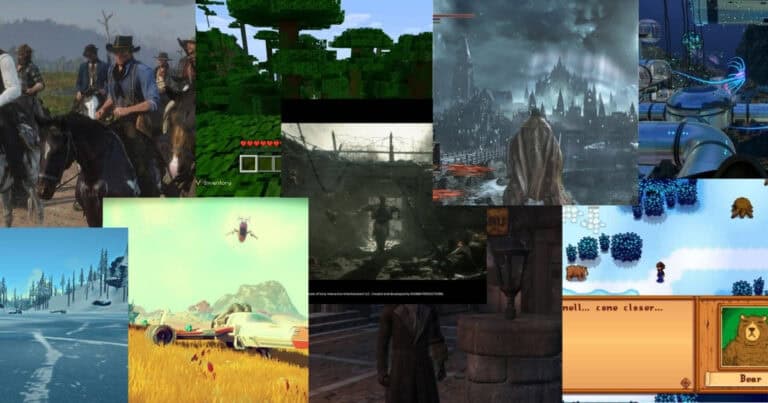 A collage of various video game scenes, including western, pixelated, futuristic, snowy, and fantasy environments with different characters and settings.