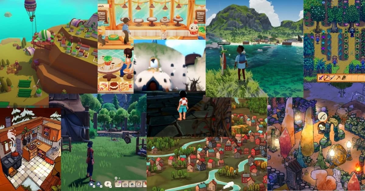 Collage of screenshots from various cozy and colorful video games, featuring farming, cooking, village, and exploration scenes in both indoor and outdoor settings.