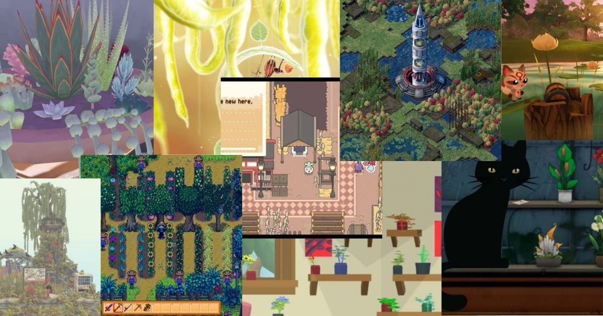 A collage of various colorful scenes from video games, featuring plants, buildings, animals, and indoor and outdoor environments.