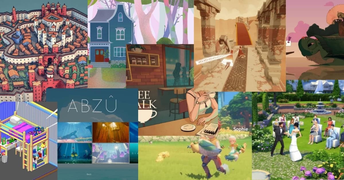 A collage of various colorful video game scenes, including cityscapes, houses, nature, underwater environments, and characters engaging in activities like farming and celebrating a wedding.