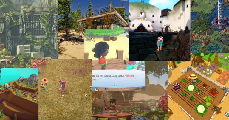 Collage of various farming and life simulation video game scenes, featuring characters, gardens, and agricultural environments in different art styles.