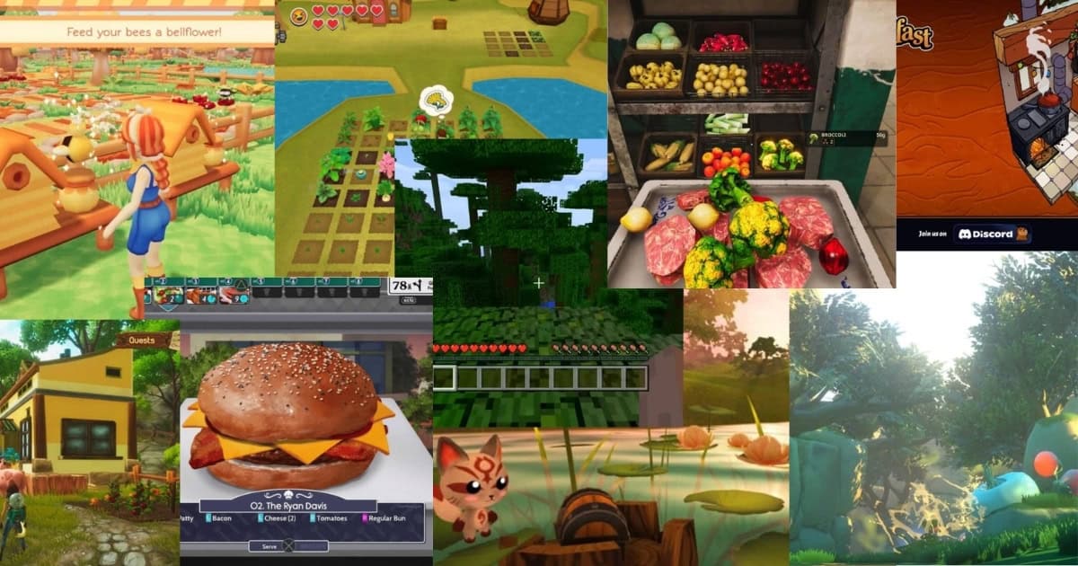 A collage of various farming and life simulation video games, showing farming, cooking, animals, inventory screens, and bright, colorful environments.