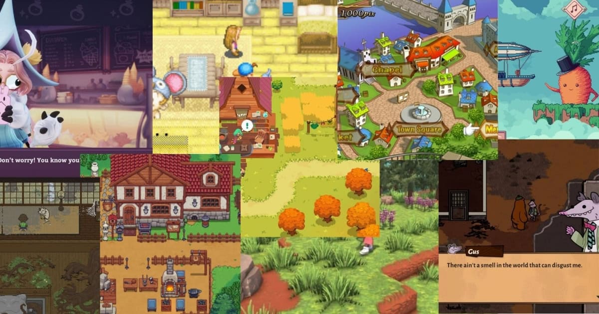A collage of various video game scenes, including characters, buildings, animals, nature, and village maps in colorful pixel art and cartoon styles.