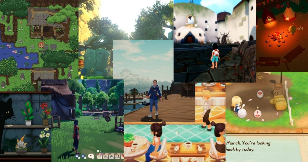 A collage of video game scenes depicting characters in various fantasy and nature-inspired environments, including forests, villages, and indoor settings with food and animals.