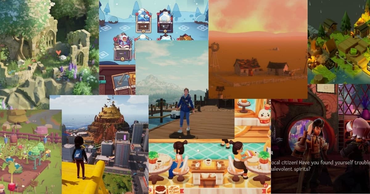 A collage of various colorful video game scenes, including outdoor landscapes, characters, buildings, and café settings, showcasing different artistic and graphical styles.