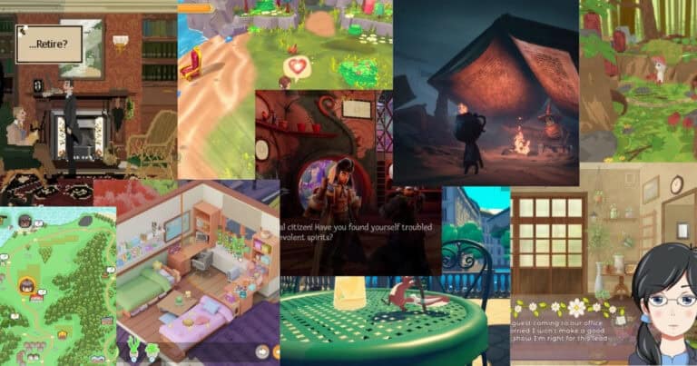 A collage of various video game scenes featuring different art styles, characters, interiors, and landscapes, including 2D and 3D graphics in fantasy and slice-of-life settings.