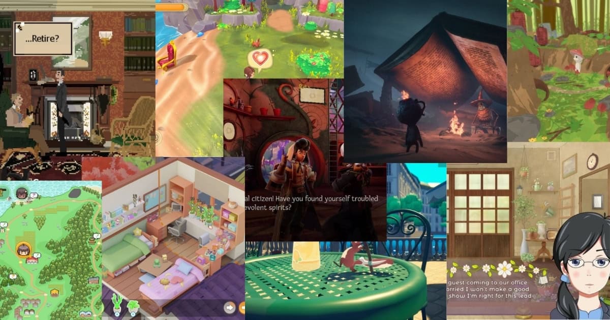 A collage of various video game scenes featuring different art styles, characters, interiors, and landscapes, including 2D and 3D graphics in fantasy and slice-of-life settings.