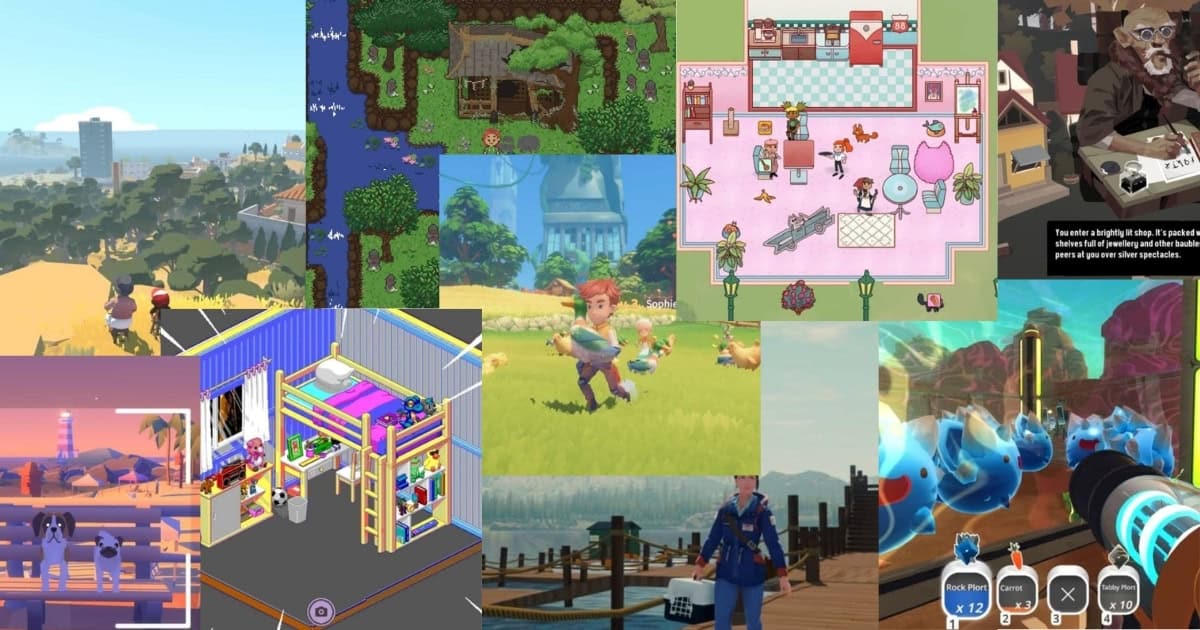 A collage of various colorful video game scenes, including outdoor landscapes, interior rooms, characters, animals, and vibrant gameplay elements.