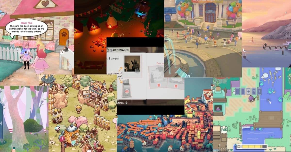 A collage of various cozy video game scenes, including colorful villages, anthropomorphic animals, festival settings, and relaxed outdoor environments.