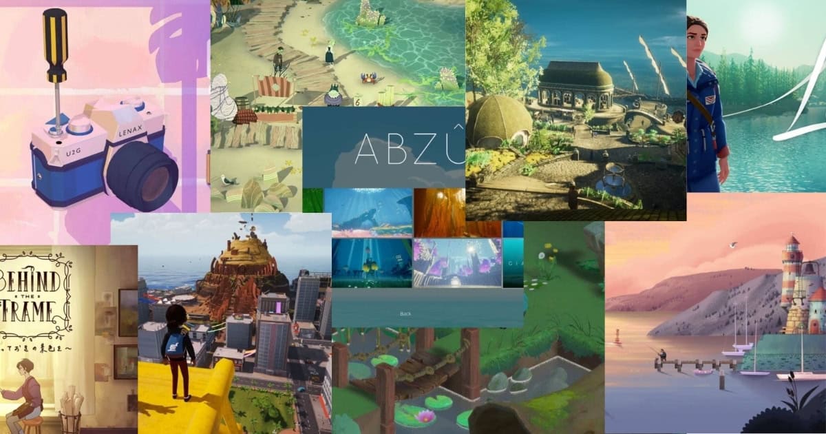 A collage of colorful, stylized artwork and scenes from various video games, including depictions of landscapes, buildings, characters, and objects like a camera.