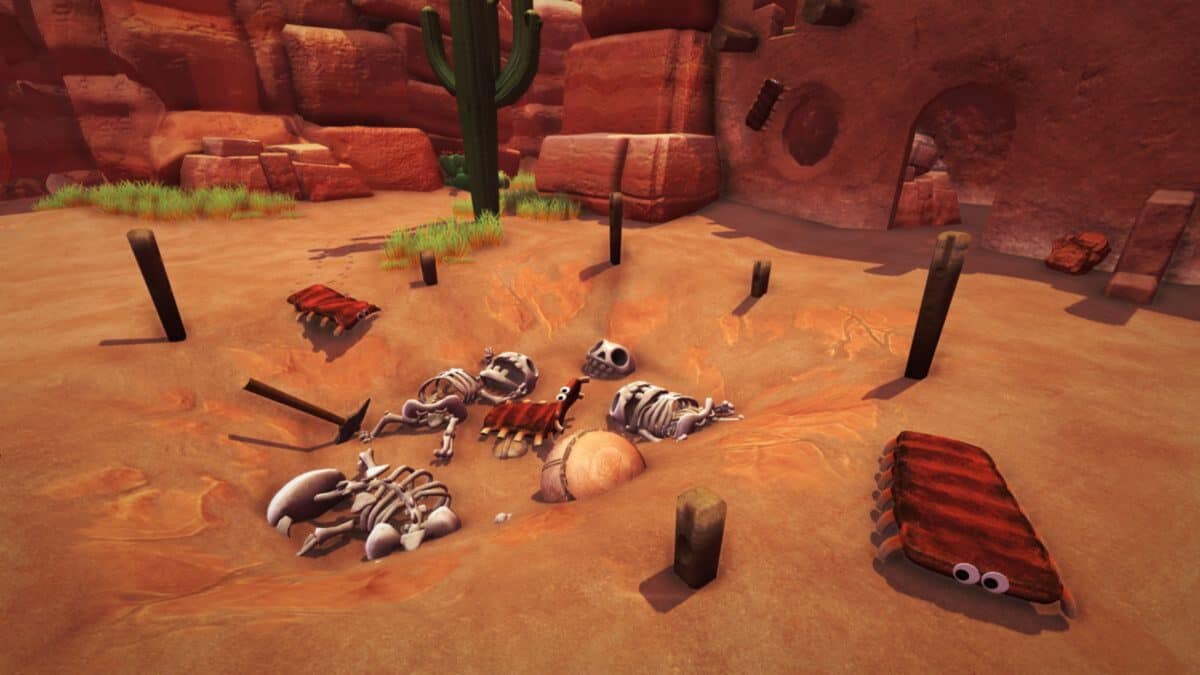 A desert scene with animal skeletons, several cartoonish bugs with eyes, a cactus, some grass, and a rocky structure in the background.