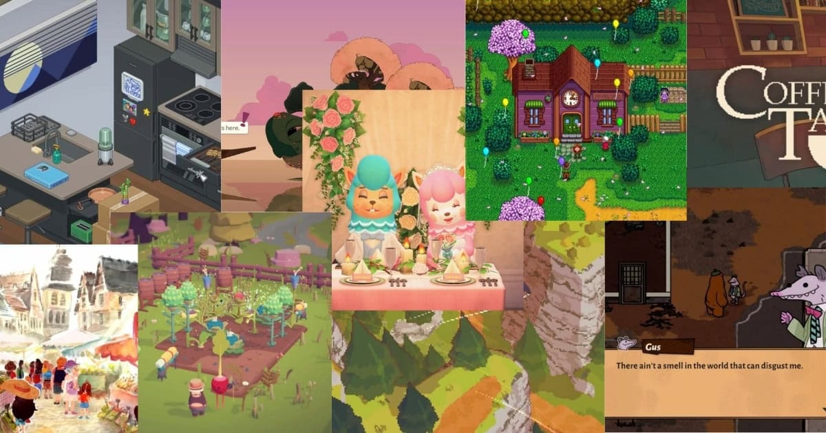 A collage of various cozy video game scenes, including gardens, kitchens, animals, and whimsical characters in colorful, cartoon-like environments.