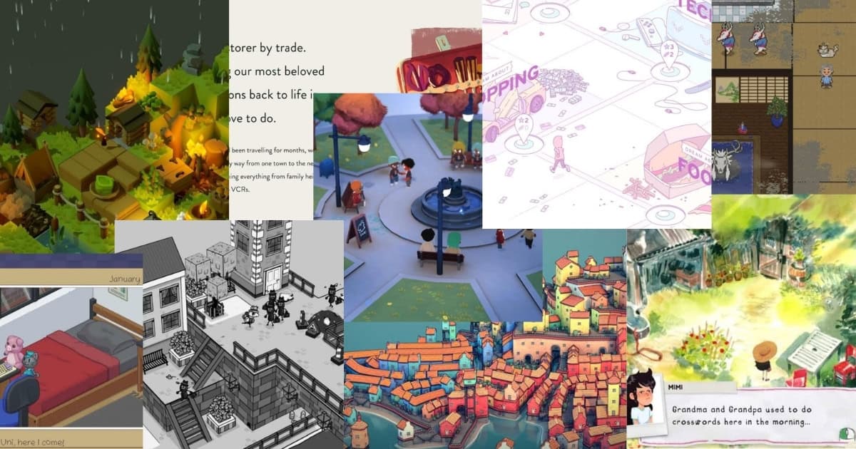 A collage of various indie video game screenshots, featuring different art styles, settings, and characters from colorful towns to interiors and illustrated maps.