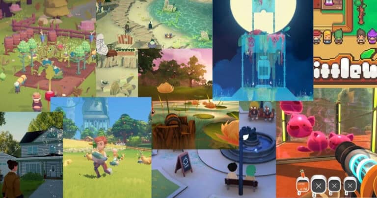 A collage of colorful, cartoon-style video game scenes featuring gardens, animals, farming, water, and whimsical indoor and outdoor environments.