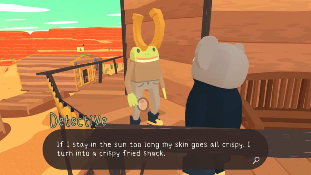 A frog character with a horseshoe on its head talks to a koala detective on a wooden porch in a desert setting; game dialogue appears at the bottom.