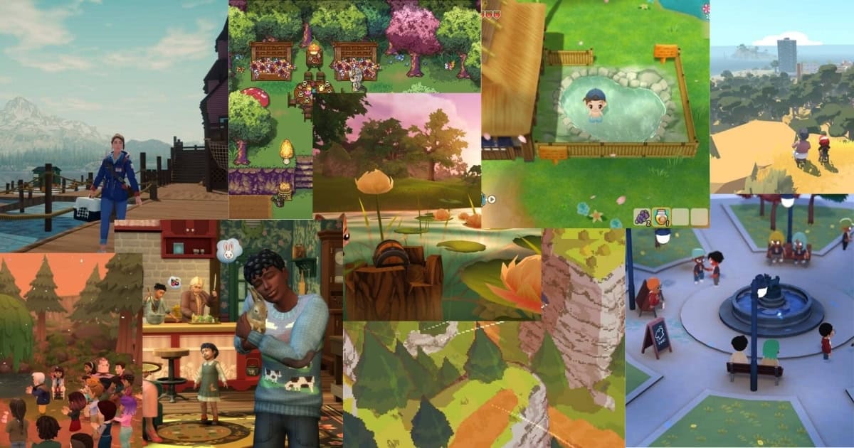 A collage of scenes from various life simulation video games, featuring characters in nature, town, and indoor settings, with vibrant and diverse environments.