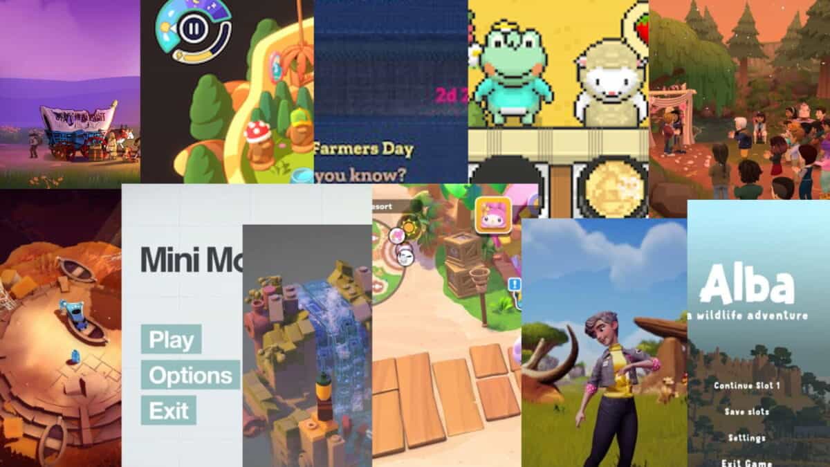 A collage of various cozy video game screenshots, including menus, in-game characters, landscapes, and settings from different titles.