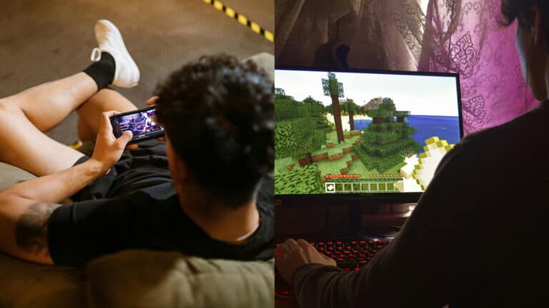 Split image showing a person immersed in mobile gaming on a smartphone on the left, and another enjoying PC gaming with Minecraft on a desktop computer on the right—highlighting the mobile gaming vs PC gaming experience.